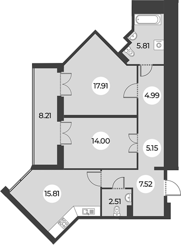 2-комнатная квартира 77.81 м², 3/24 эт., ЖК «Огни Залива»
